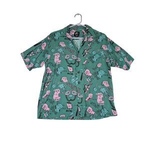 Brain Dead Mens Green Cartoon Graphic Short Sleeve Button Down Shirt Small